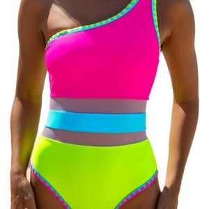 Neon Pink and Yellow One-Shoulder Swimsuit